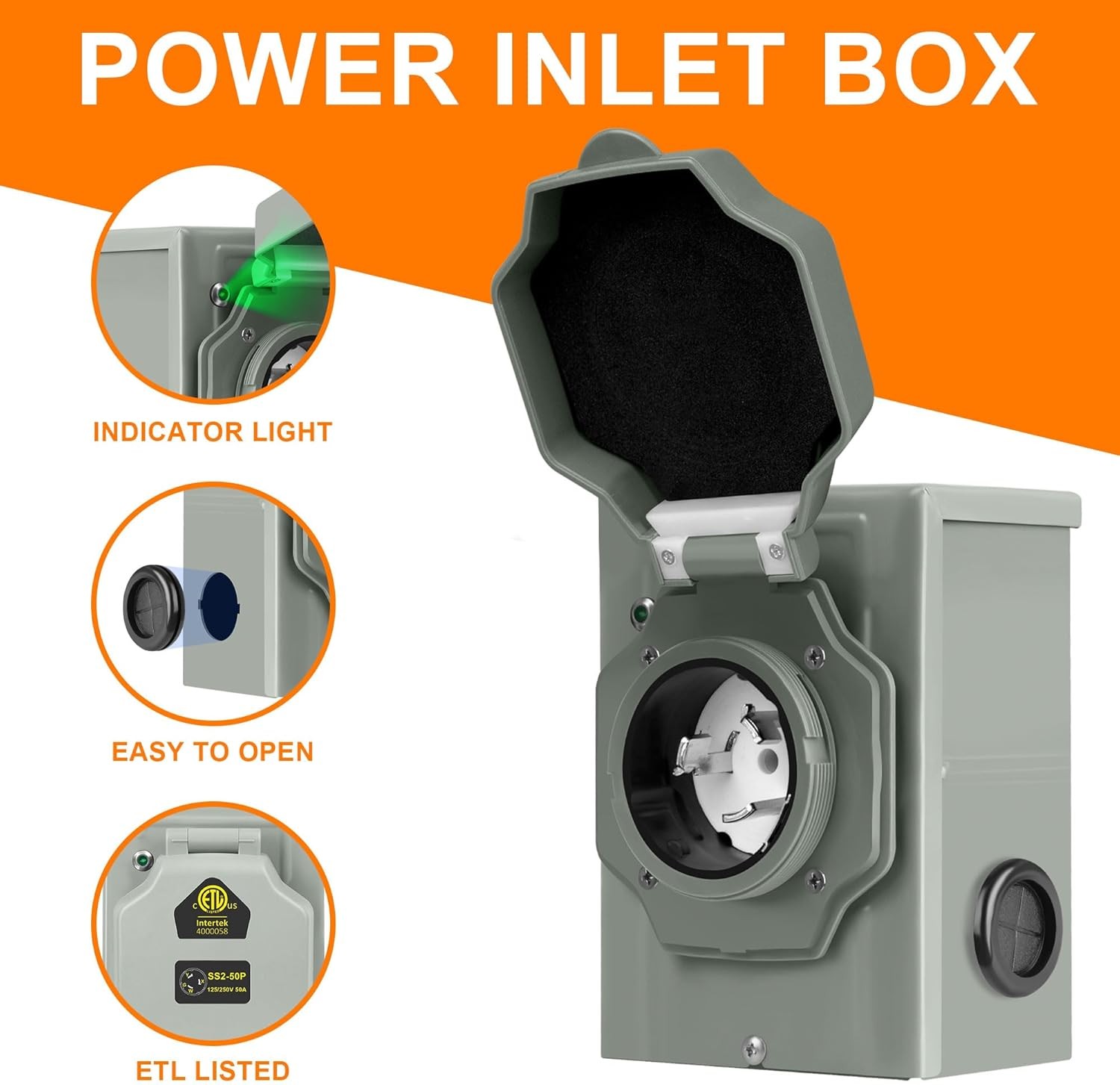 50 Amp Pre Drilled Inlet Box 15ft Cord ETL Listed