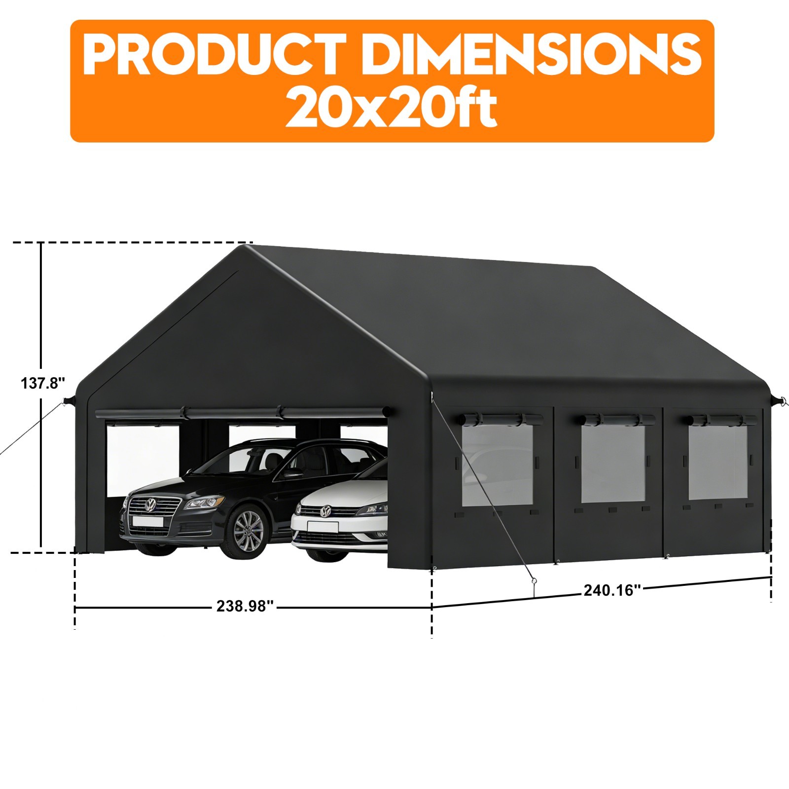 20’x20 ‘Outdoor Carport Canopy, Portable Garage Shelter with Side-Opening Door