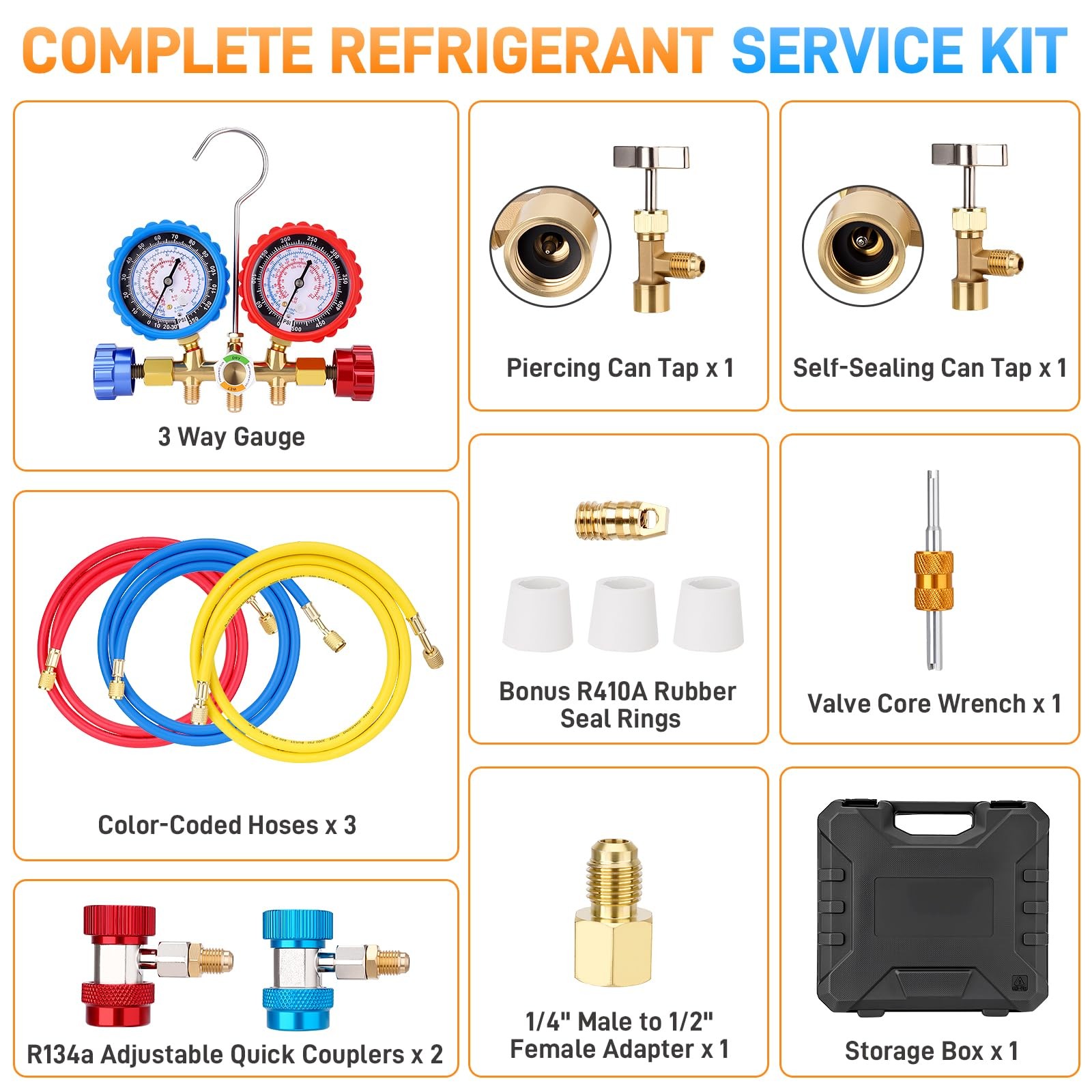 HVAC AC 3‑Way Manifold Gauge Set With 5ft Hoses R134a R12 R22 R502 Tool Kit